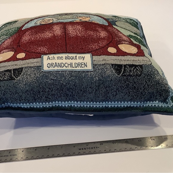 Ask Me About My Grandchildren Tapestry Accent Pillow Grandparents in Red Car - Picture 5 of 6